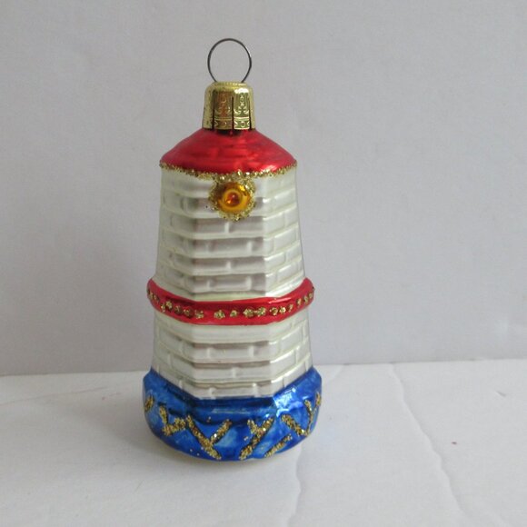 Gablonz Glass Art Austria Glass Lighthouse Christmas Ornament w/Glitter Red Blue - Picture 2 of 11
